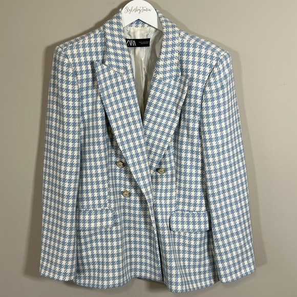 Zara Houndstooth Double-Breasted Blazer Jacket in Blue ASO Princess Kate Sz XL - Picture 4 of 16